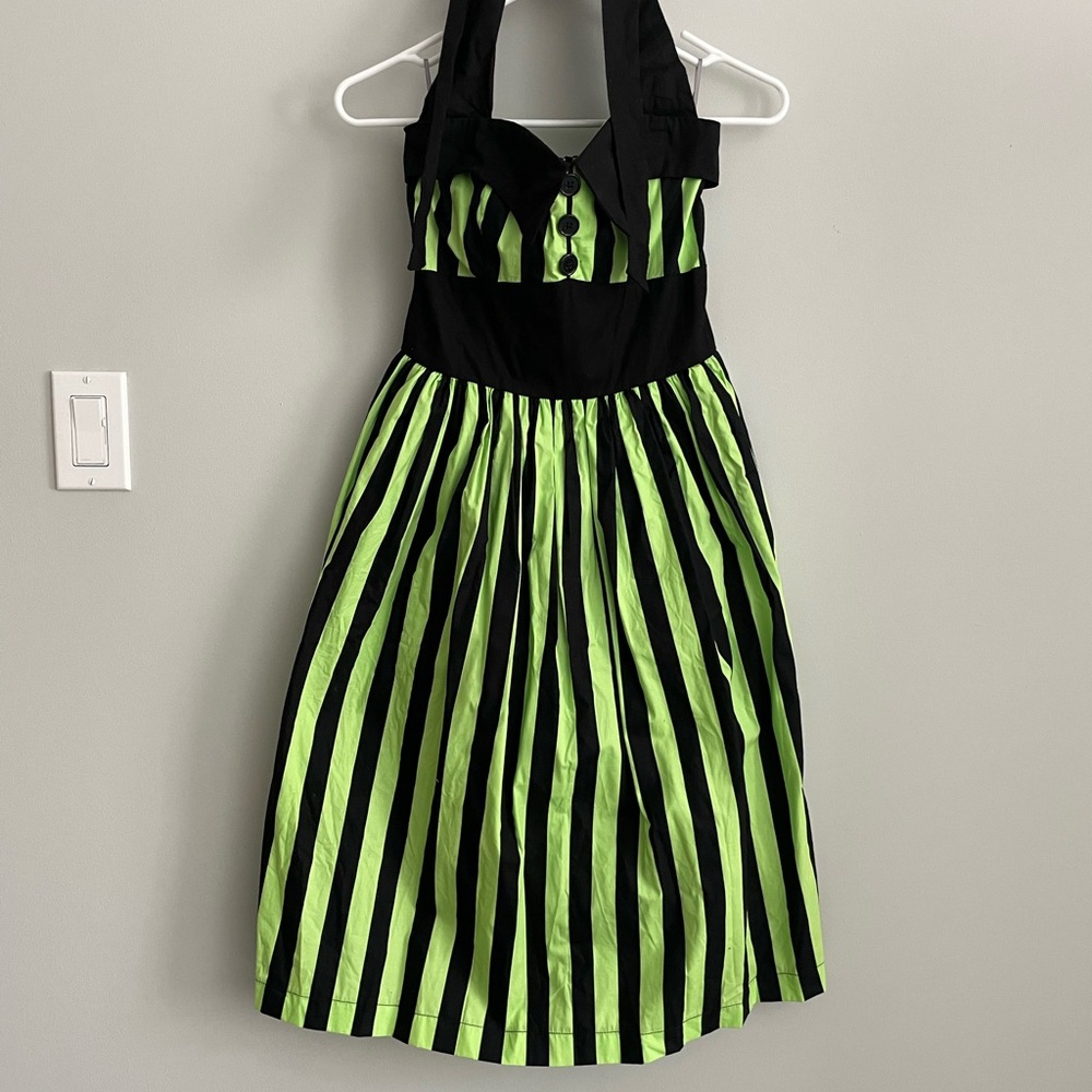 Unique Vintage Magnolia Park Green and Black Striped Halter Dress